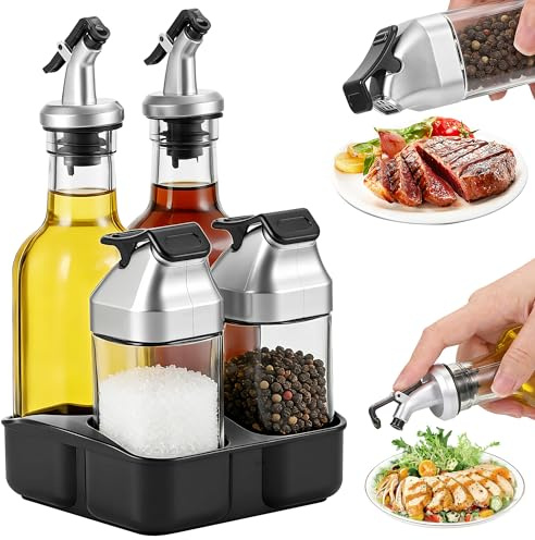 Zourglow Set 5 Salero y Aceitero Antigoteo, 2 x 90 ml Salero y Pimentero de Vidrio Sin Plomo, 2 x 175 ml Vinagreras con Vertidor para Cocina, Ideal para el Azúcar, Pimienta, Aceite, Vinagre, Soja