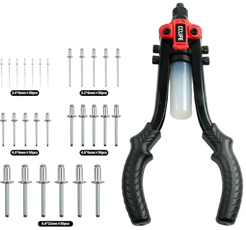 CCLIFE Juego de remachadora ciega 2,4/3,2/4,0/4,8/6,4 mm con 250 remaches ciegos | Mangos ergonómicos para un cómodo remachado de metal, ideal para talleres, reparaciones y proyectos de bricolaje