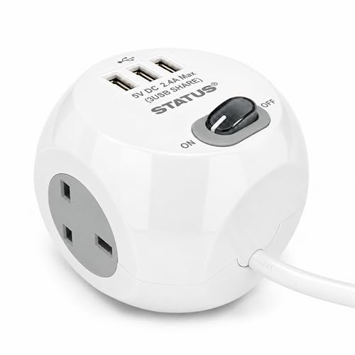 Status White Cube Socket | 3 Way Cube with 3 USB Adapter Socket | 1.4m Extension Lead | S3W1.4M3XUSB1PK6