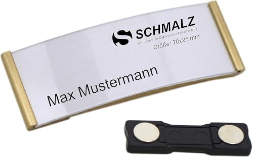 Schmalz® 10 STÜCK edles Aluminium Namensschilder mit starkem Magnet Doppelmagnet silber eloxiert professionelle Qualität, modisch gewölbt ca. 70x25mm mit Papiereinschub (gold)