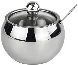 Delmkin Zuccheriera in acciaio inox, con coperchio in vetro trasparente e cucchiaio, portaspezie per sale, zucchero, tè erbe aromatiche