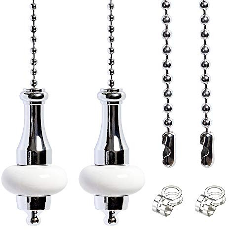 LY 2 Pcs Light Pull Chain Switch Pull Cord Weight Handle Metal Chrome Plated with White Ceramic Connectors, Ceiling Fan Pull Chain Bathroom Toliet Light Pulls Cord 1 Meter