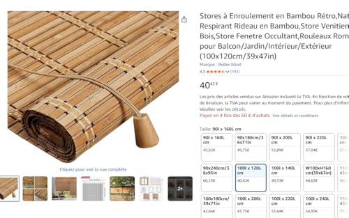 Stores à Enroulement en Bambou Rétro,Naturel Respirant Rideau en Bambou,Store Venitien Bois,Store Fenetre Occultant,Rouleaux Romains pour Balcon/Jardin/Intérieur/Extérieur (130x180cm/51x71in)