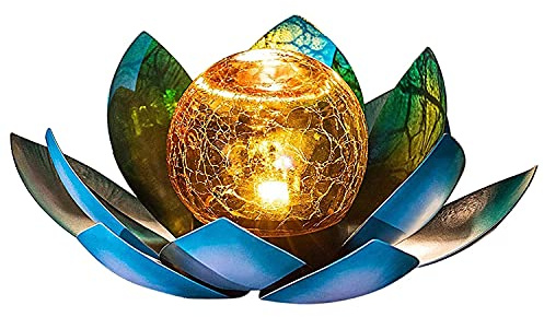 SUAVER Lampe solaire LED en forme de lotus en forme de boule de verre craquelé - Décoration de jardin - Lanterne solaire en métal - Nénuphar - Lampe de table d'extérieur (bleu)
