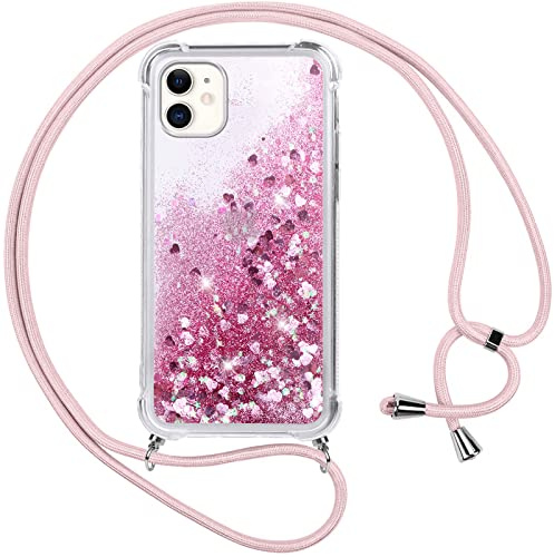 Vauki handyband für iPhone 11 Hülle mit Band,Silikon Durchsichtig Transparent Flüssig Glitzer mit Kette Kordel Bumper Treibsand Necklace TPU Schutzhülle Case für iPhone 11,Rosa
