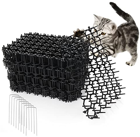 YAYODS 24Pcs 8.4 x 6.4 Inch Cat Scat Mat with Spikes Digging Stopper, Black Plastic Cat Repellent Mat with 8Pcs U Shape Pegs, Multi Purpose Pet Deterrent Mats for Indoor and Outdoor
