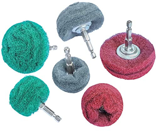 Hiqalty 6PCS Non Woven Abrasive Buffing Polishing Wheel Drill Attachment Set,Scouring Pads Power Scrubber Cleaning Kit, Power-Operated Abrasive Wheels（ Green red Gray) 1/4” Shank