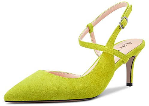 Aachcol Donna Pumps a Punta Cinturino alla Caviglia Slingback Spillo Gattini Basso Tacco Heel Dress Scarpe Sandali Scamosciato Ufficio da Matrimonio Shopping Verde Lime 6.5 CM 38 EU