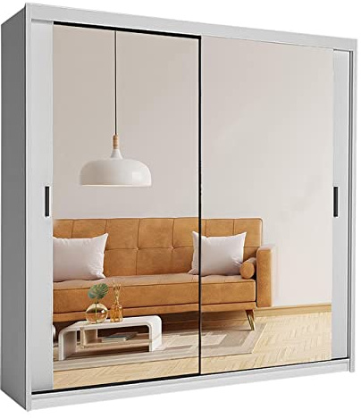 Samsun Modern Double Sliding Mirror Door Wardrobe Bedroom with Adjustable Hanging Rails, Shelves Storage Cupboard For Home Furniture (White, 150cm)