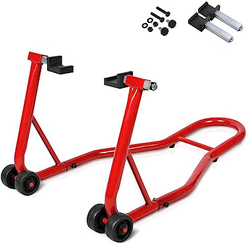 GiantexUK Motorbike Stand, Adjustable Rear Track Paddock Stand on Wheels, Heavy Duty Motorcycle Lift Stand for Workshop Garage Repair Shop (Red Body)