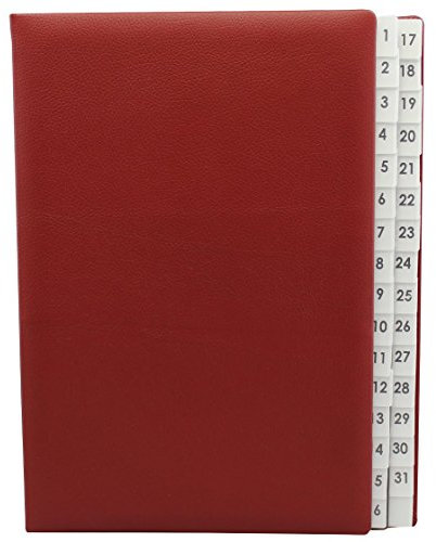 Pultordner mit Register 1-31, genarbtes Vollrindleder in Bordeaux, passend für DIN A4, Softcover mit dehnbarem Rücken, Register-Trennblätter aus schwarzer Kartonage mit Sichtlöchern
