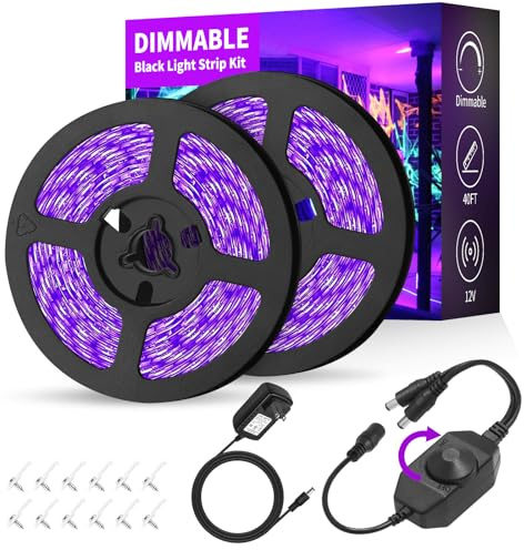Dimmable Black Light Strip Kit 40ft/12M 720 LEDs, 12V Flexible Blacklight Fixtures, 385nm-400nm, Black Light LED Strips for Glow Party Fluorescent Poster Halloween Indoor Bedroom Decor, Non-Waterproof