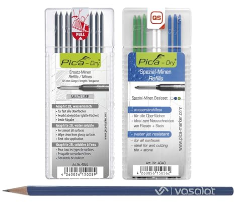 Vasalat Pica Dry - Juego de 10 minas de repuesto de grafito 2B multiuso y 8 minas de repuesto resistentes al agua en azul/blanco/verde