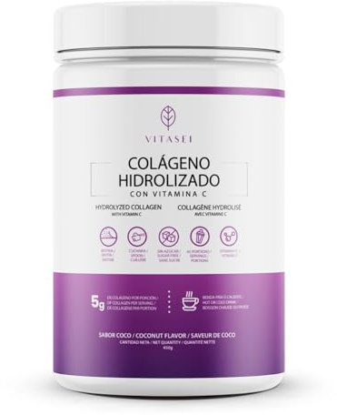 VITASEI | Collagène Hydrolysé | Vitamine C | Supplément de Protéines pour la Peau, les Cheveux, les Ongles | Os et Articulations Sains | Poudre de Collagène pour Femmes et Hommes | Noix de Coco | 450g