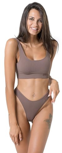 Invertika Completo Sportivo Donna Pole Dance Top+Slip in Seamless a Costine Made in Italy (Marrone, Taglia M/L)