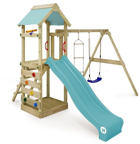 WICKEY Aire de Jeux FreeFlyer portique en Bois avec balançoire et Toboggan, Tour d'escalade pour Enfants avec bac à Sable, échelle et Accessoires de Jeu pour Le Jardin - Bleu Pastel