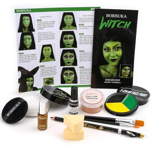 Halloween Witch Makeup, Complete Green Witch Make Up Kit SFX Character Set with Face Paint, Scar Wax for Special Effects Costume Makeup, Dress-Up Cosplay Party, Stage & Theater