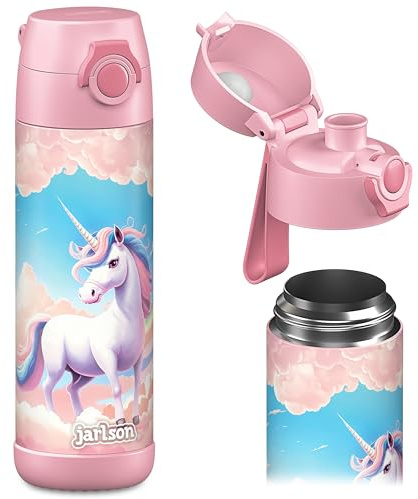 Jarlson® Trinkflasche Kinder Edelstahl MALI [THERMOSFLASCHE] - Kindertrinkflasche Auslaufsicher - Thermoskanne Kohlensäure geeignet - Trink Flasche für Schule & Kindergarten (500ml, Einhorn Rosa)