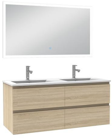 AICA Ensemble Meuble Salle de Bain 120cm Double Vasque et Miroir Lumineux 3 Couleurs et dimmable chêne wotan