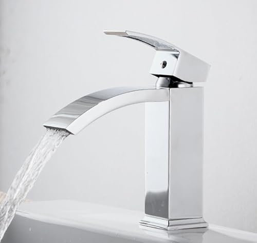 Rubinetto dell'acqua calda e fredda del lavabo sottopianoRubinetto del bagno domestico del lavabo da appoggio, colore cromato basso - tipo a cascata a bocca curva