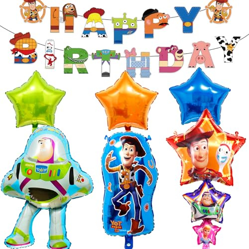 Ainvliya 7PCS Multi-colored Cartoon Theme Story Foil Balloons with Happy Birthday Banner, Perfect for Boys Girls Baby Shower & Birthday Parties