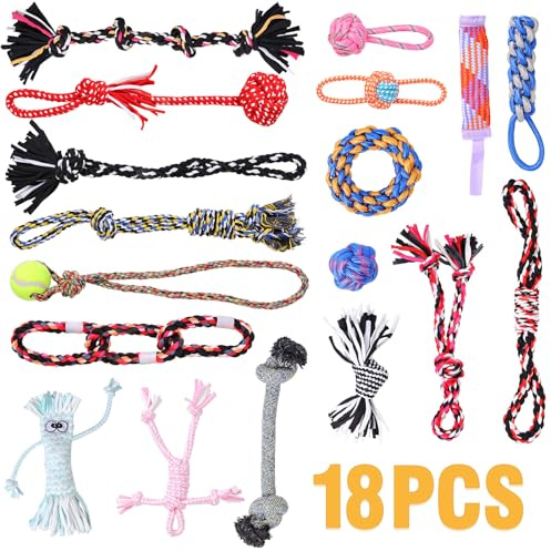 PPTAIO Dog Rope Toys for Small-Medium Dogs. 18 Pack for Teeth Cleaning, Chewing, Training Balls and Squeaky Toys. Best for Entertainment, Interaction,Tug of War Indoor and Outdoor.