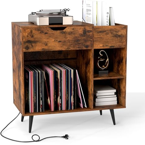 COSTWAY Meuble Tourne-Disque Vinyle avec Prise, Armoire Commode Vinyle avec Tiroir, 2 Prises, 1 USB, 1 Type-C, 2 Kits Anti-basculement, Support Tourne-Disque pour Salon, Chambre,