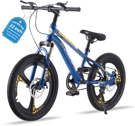 TRIOBLADE Kids Bike 18/20/22/24inch Kids Mountain Bike for Boys and Girls 6-15 Years Old Junior Mountain Bikes 3 Spoke Wheels Children Bicycle with Shock Absorber Dual Disc Brake(Blue, 22inch)