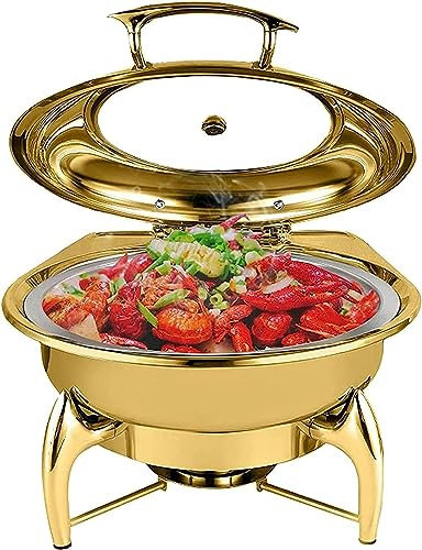 GUHPZA Chafing Dish da 6 Litri per Banchetti Nuziali, Feste, Set Scaldavivande Visibile in Acciaio Inox, Include Teglia per Cibo, Teglia per Acqua, Contenitore per Co,Gold