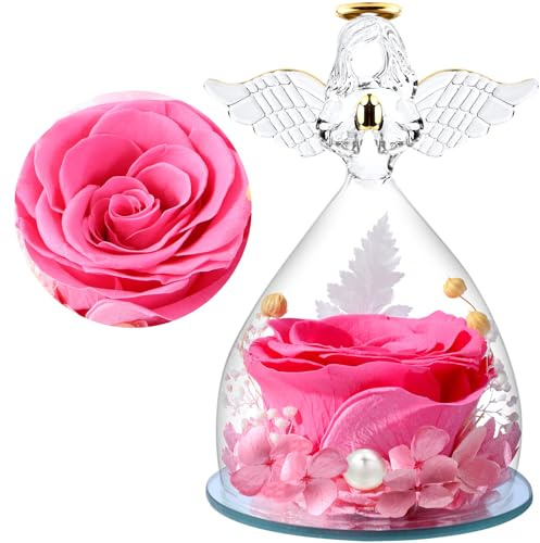 FRFG Ewige Rose Engel Geschenke für Mama, Ewige Rose im Glas Engel Figur Geschenke für Frauen Muttertag, Engel mit Rose Geburtstagsgeschenk für Frauen, Muttertagsgeschenk (Rosa)