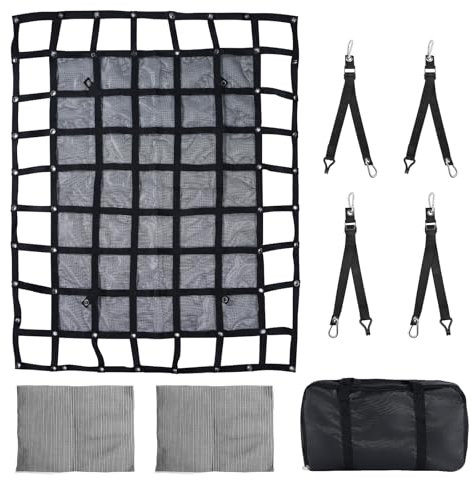 ZHOUMADE Schwerlast Gepäcknetz, 4,75 x 6 ft Ladefläche Frachtnetz Frachtträger für Anhänger Jeep SUV UTV Rack Bed Rail Boot Pickup Bett, 4 Gurte mit Karabiner Clips & J-Haken (182 * 146 cm)