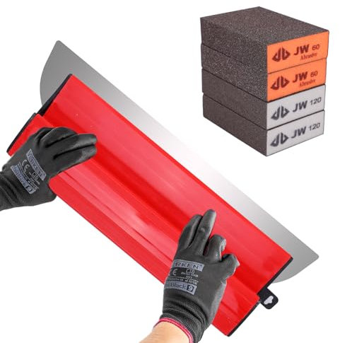 Drywall Skimming Blade - 40cm Smoothing Spatula High Grade Skimming Drywall Professional Plastering Trowel Durable Semi Flexible Finishing Trowel Z-Shaped Handle with 4X Sanding Sponges