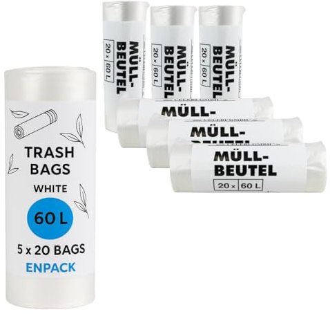 Enpack 5 Rollen Müllbeutel 20 Stück pro Rollle 60 x 72 cm hochwertige Müllsäcke 60 Liter - Mülltüten transparent Ideal für den Einsatz in Gewerbebetrieben sowie im Haushalt