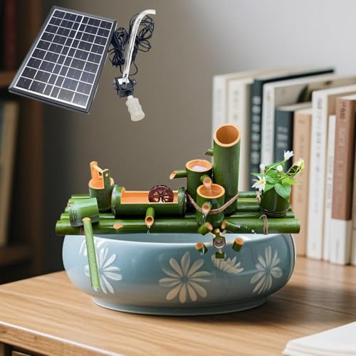 Mofgoe 30CM Bamboo Fountain Kit with Pump & Solar Panel, Solar Fountain Pump with Water Windmill, Garden Water Feature Landscape for Terrace, Courtyard, Table & Fish Tank