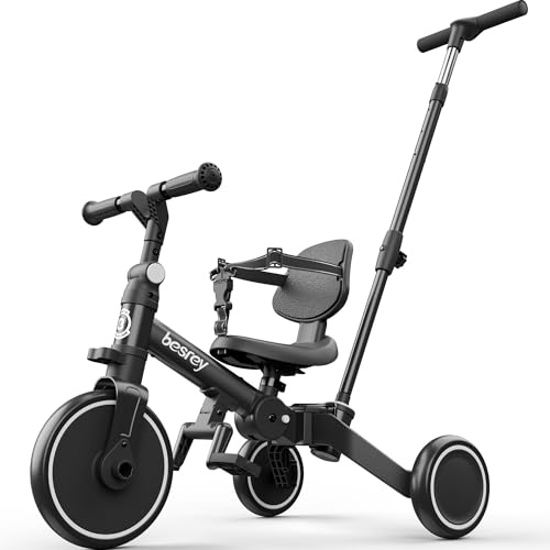 Besrey Tricycle pour Enfants 5 en 1, Draisienne sans Pédales pour Filles et Garçons de 1 à 3 Ans, Tricycle avec Poignée de Poussée, Siège Réglable, Pédales Amovibles, Noir