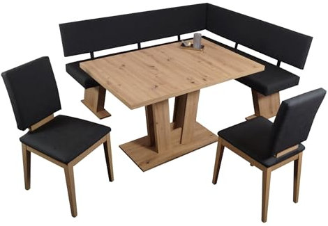 wonido Moderne Eckbankgruppe, Artisan Eiche/anthrazit, 2 Stühle, Säulentisch mit Synchronauszug, Komfortpolsterung