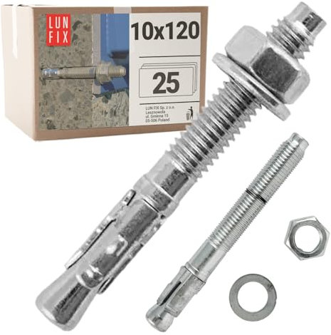 Boulons ancrage béton 10x120 25 pcs – Cheville molly acier zingué avec goujon, tige filetée, écrou, rondelle – Fixation charge lourde, vis béton, scellement chimique, Ancrage robuste Lun Fix