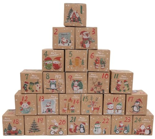 DAHI Adventskalender zum Befüllen 24 Adventskalender Schachteln Schöner Geschenkbeutel Weihnachtsmotive Boxen (beige-D)