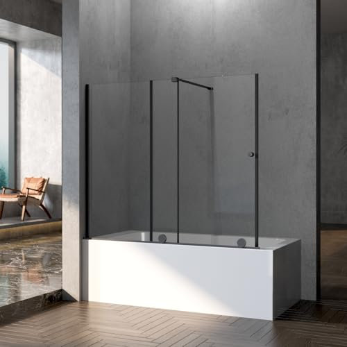 Schwarzer Duschwand für Badewanne mit Schiebetür, Duschwand Badewanne 125x120cm Schiebetür Badewannenaufsatz Duschtrennwand Duschabtrennung für Badewanne mit 6mm ESG Sicherheitsglas