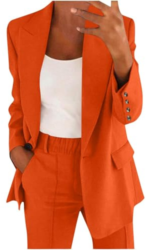 Generico Elegantes kurviges Damen-Set mit Hose und Jacke Leichter Büro-Anzug Slim Fit Elegante Damen-Tailleur und Jacken für den Frühling und Sommer, Orange, XL