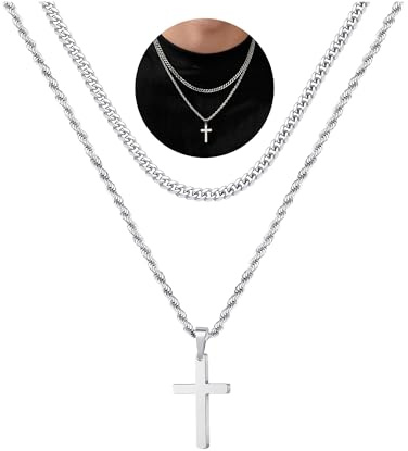 SLOONG Kreuz Kette Herren Damen Silber Kette mit Kreuz Anhänger Kreuzkette Panzerkette Layering Cross Halskette Herren Damen Christentum Schmuck Geschenke (Silber 16inch/18inch)