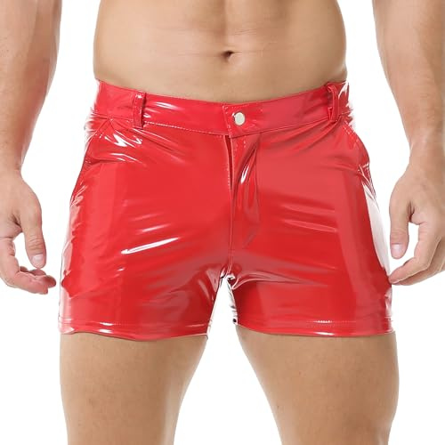 QiaTi Pantalones cortos de piel sintética para hombre, cintura elástica, pantalones cortos con cremallera, pantalones cortos sexy para hombre, con bolsillos para club, 2#rojo, L