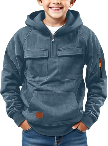 Boys Fleece Hoodies Thick Warm Cargo Sweatshirts Plain Multi Pockets Half Zip up Cotton Sweatshirts Jackets Teen Kids Cute Comfy Long Sleeve Coats