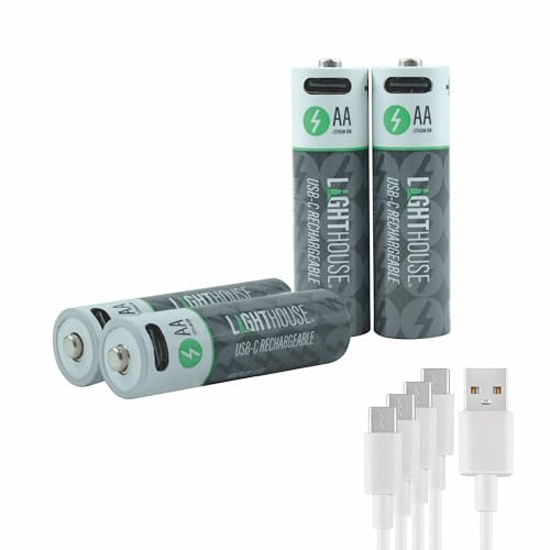 Lighthouse AA USB-C Rechargeable Batteries Pack of 4 – 1400mAh Li-Ion 1.5V Battery Four Pack with Fast 2h Charge, Up to 1200 Charge Cycles & Included 4-in-1 USB-A to USB-C Charging Cable