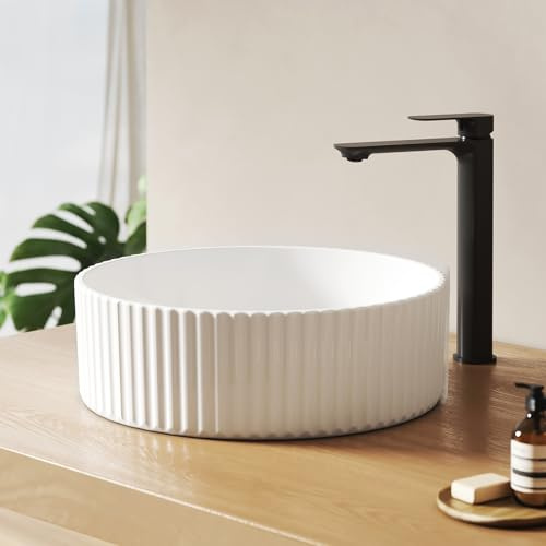 EMKE Lavabo da appoggio rotondo, 36,0 x 36,0 x 11,5 cm, in ceramica, per WC degli ospiti e bagno, senza foro per rubinetto, bianco