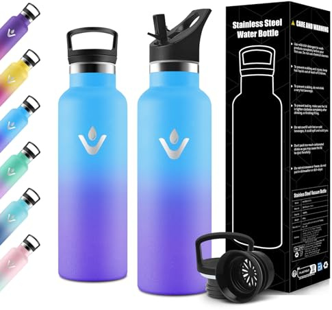 Motswedi Borraccia Termica Bambini, 500ml Doppia Parete, Bottiglia Termica, a Prova di Perdite, Borraccia con Cannuccia, Acciaio Inox, Borracce Termiche, per Campeggio, Palestra, Cielo Blu & Viola
