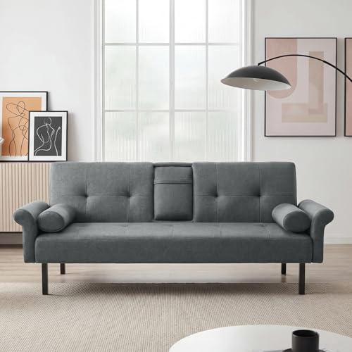 Panana Sofa Bed, Click Clack Sofa Bed, Convertible Futon Settee, Futon Recliner Lounge for Living Room, Spare Room, Bedroom (Grey with Armrest and Cup holder)