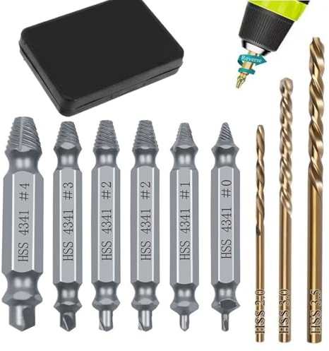 9 Pcs Damaged Screw Extractor Set, General Easy Out Bolt Extractor Set, 6 PCS HSS 4341 Screw Remover with 3 PCS Twist Drill Bit, Stripped Screw Removal Tool for Damaged Broken Stripped Screws