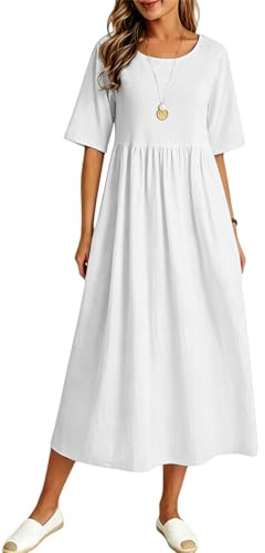 Vestido Midi de Verano para Mujer Estilo Casual Cuello Redondo Elegante Corte A con Ideal para la Playa