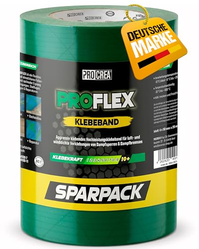 PROCREA® 4x Flexibles Hochleistungsband, grün [für Dampfsperren, Dampfbremsen & Klimamembrane] Luftdicht nach DIN EN 4108 Teil 11 und ENEV - Extreme Klebekraft und Zuverlässigkeit - Profi-Qualität